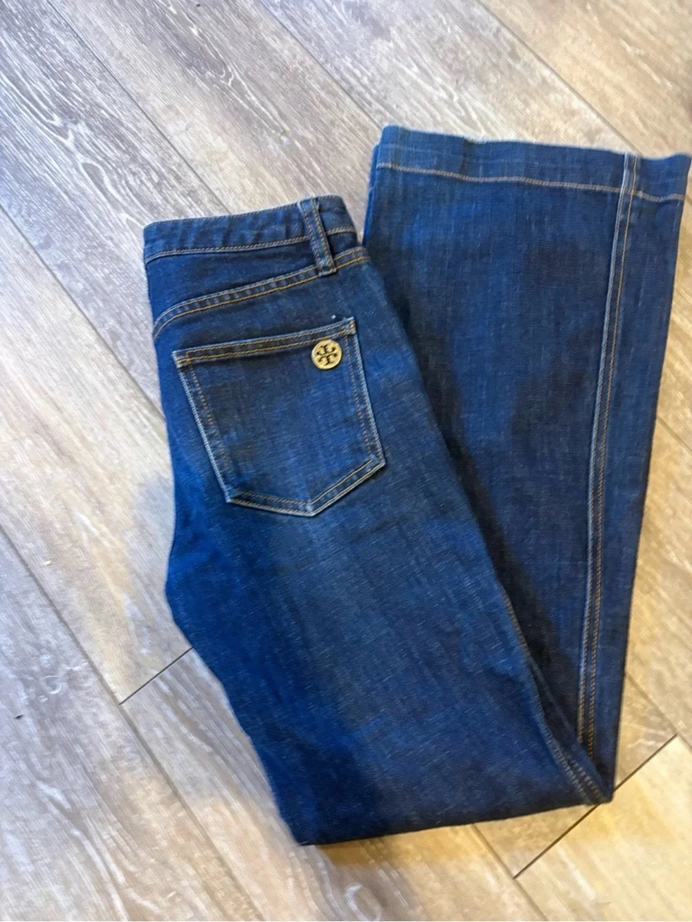 Tory Burch High Waisted Flare Jeans Dark Wash